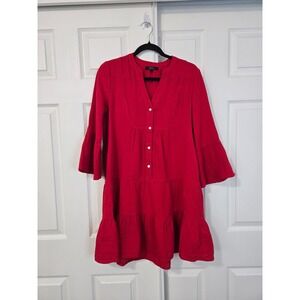 Quince Organic Cotton Gauze Tiered Mini Dress Red Boho Bell Sleeve XS